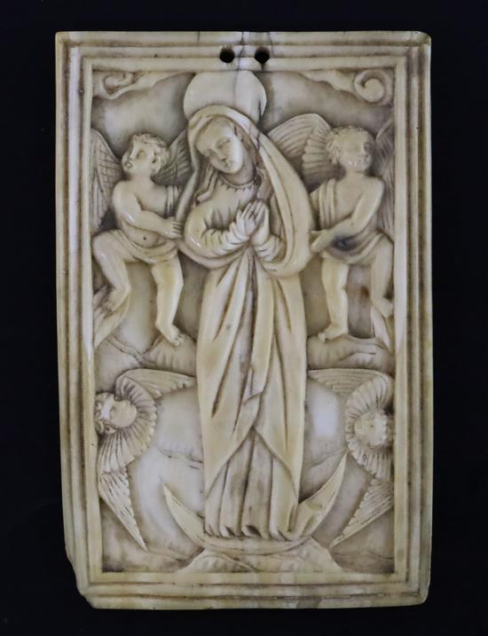 A late 17th / early 18th century Chinese Jesuit relief-carved ivory plaque, The Apotheosis of Mary, 3.75 x 2.25in.